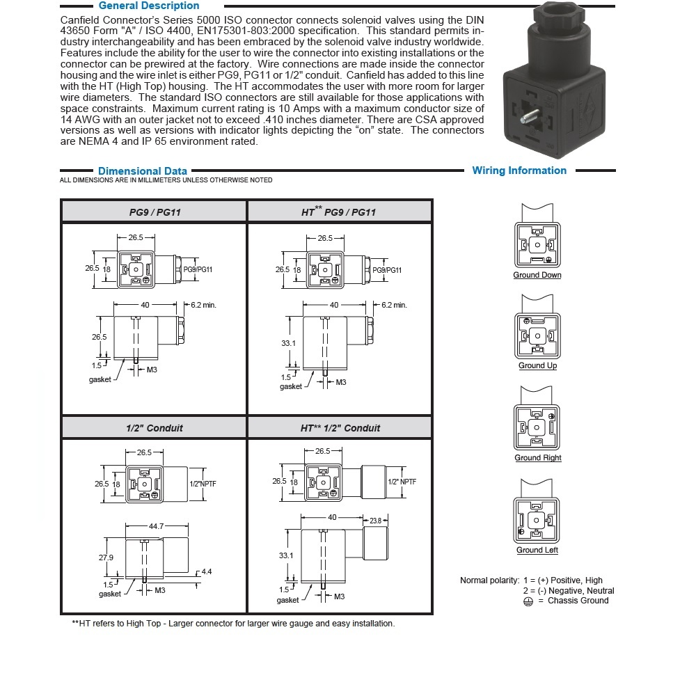 5100-1090000 CANFIELD SOLENOID VALVE CONNECTOR<BR>FORM A DIN 2+G PG11 CG FW (BK)