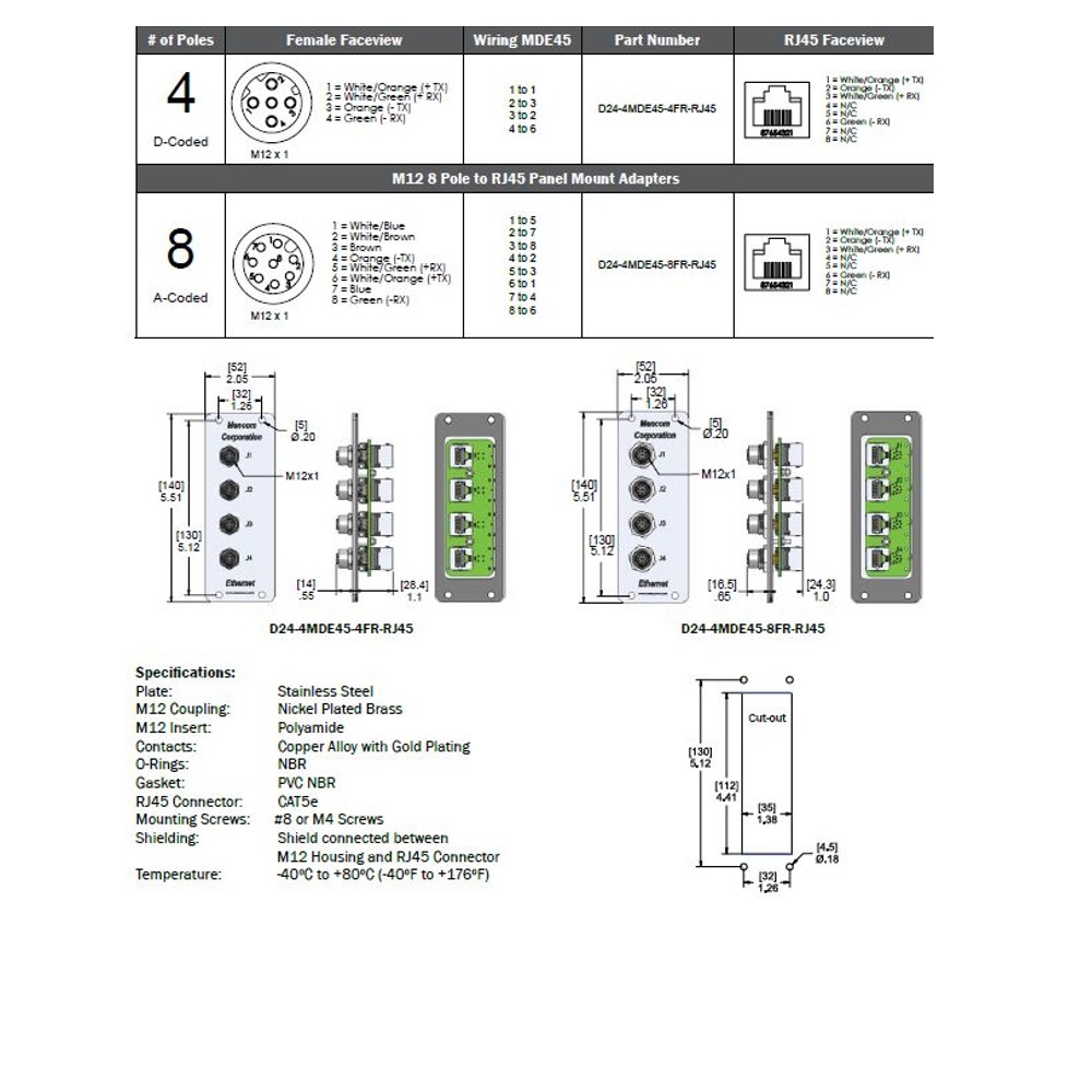 D24-4MDE45-4FR-RJ45 MENCOM ETHERNET RECEPTACLE<BR>4-4 PIN M12/RJ45 60VAC/DC