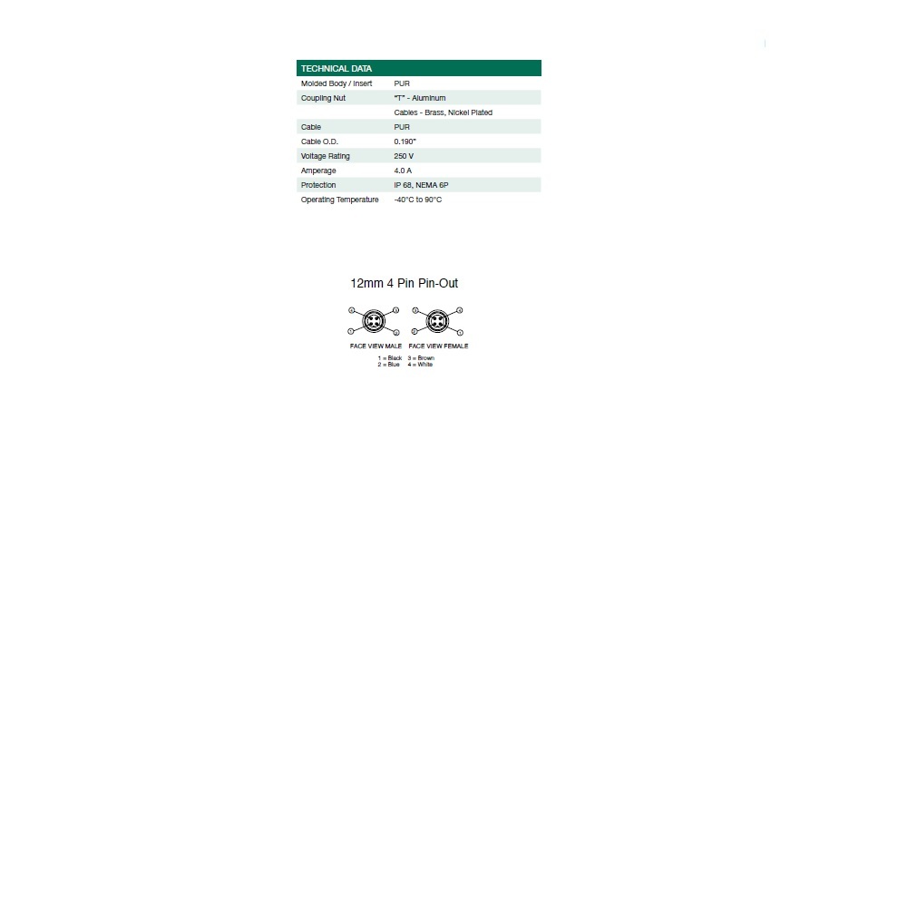 TC0405MAETA04000 NUMATICS/AVENTICS SUB-BUS CORDSET<BR>4 PIN M12 M/F STR 5M PVC GY 18AWG 250VAC/DC