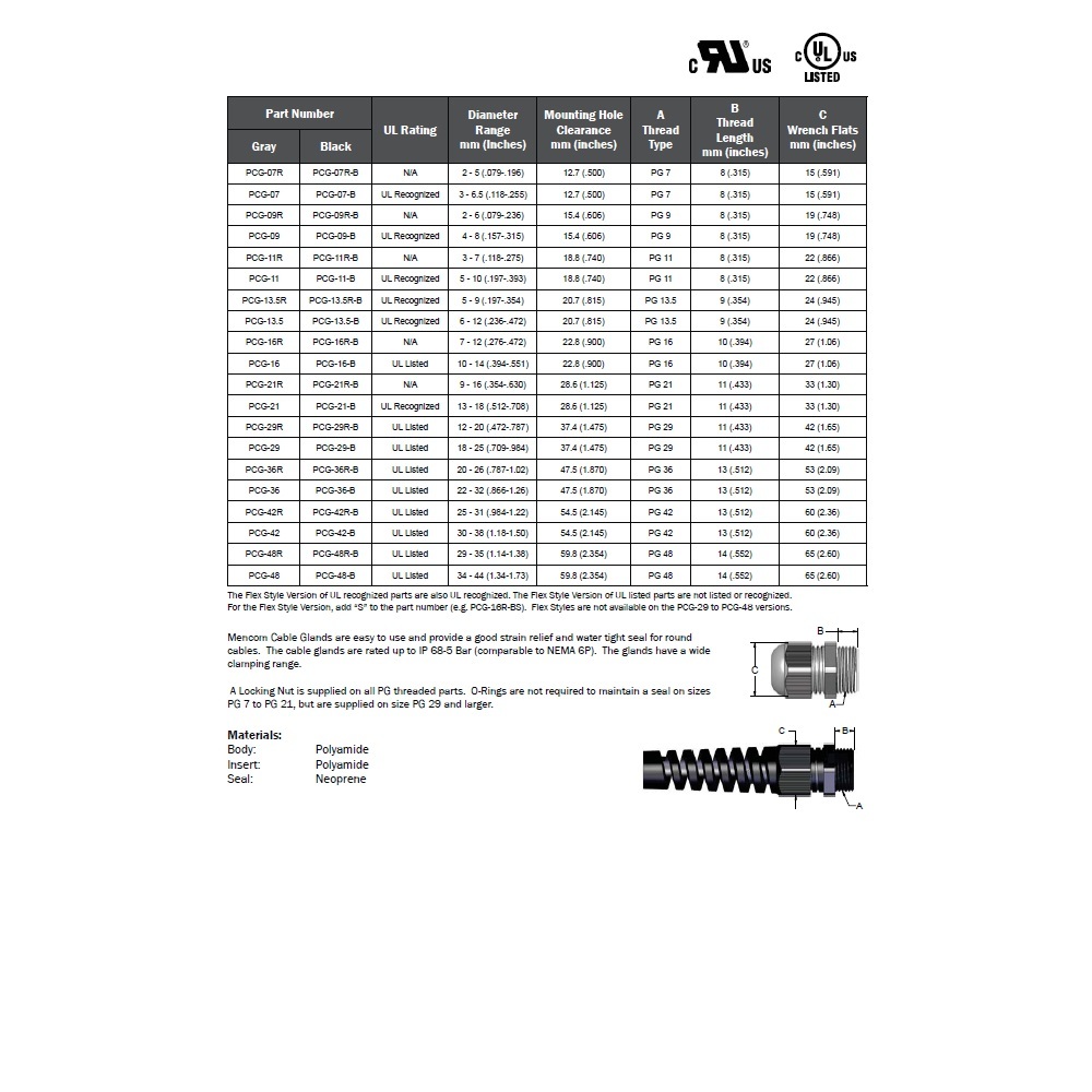 PCG-29-B MENCOM CABLE GLAND<BR>PG29 MALE THR 18-25MM CG PLASTIC (BLACK)
