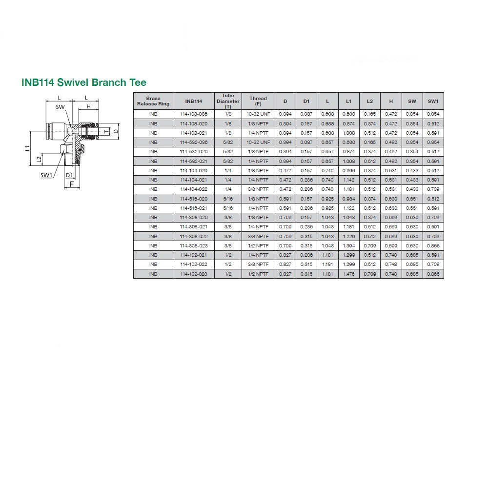 INB114-308-020F NUMATICS/AVENTICS NP BRASS PUSH-IN FITTING<BR>3/8" TUBE X 1/8" NPT MALE SWIVEL BRANCH TEE (VITON)