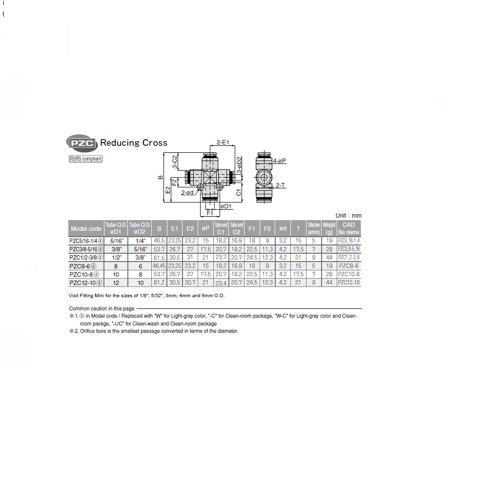 PZC8-6 PISCO PLASTIC PUSH-IN FITTING<BR>8MM TUBE X 6MM TUBE(3) UNION CROSS
