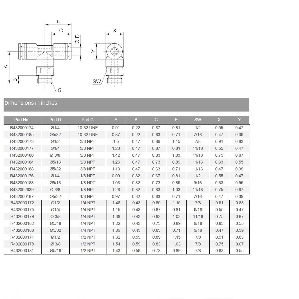 R432000185 NUMATICS/AVENTICS PLASTIC PUSH-IN FITTING<BR>5/32" TUBE X 10/32" UNF MALE BRANCH TEE (OVAL)
