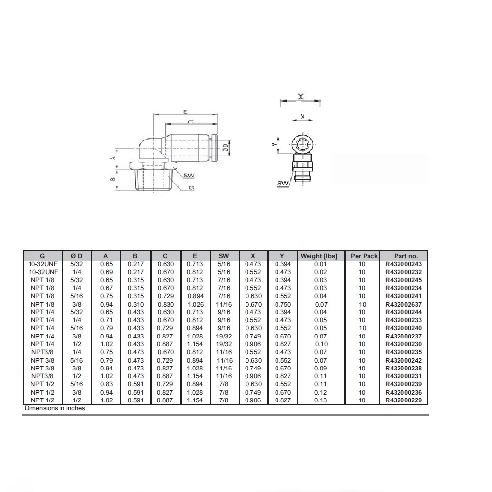 R432000236 NUMATICS/AVENTICS PLASTIC PUSH-IN FITTING<BR>3/8" TUBE X 1/2" UNIV MALE ELBOW (OVAL)