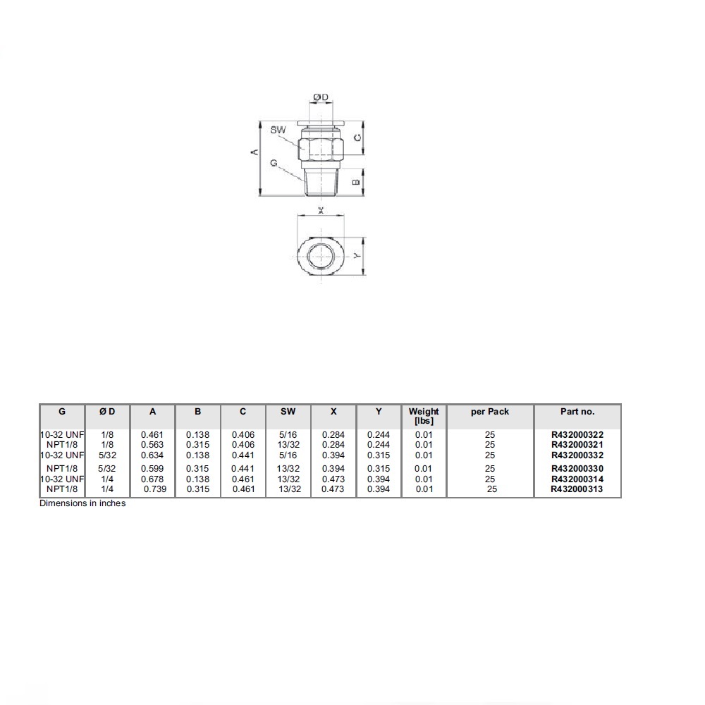 R432000332 NUMATICS/AVENTICS PLASTIC PUSH-IN FITTING<BR>5/32" TUBE X 10/32" UNF MALE (INNER HEX) (OVAL)