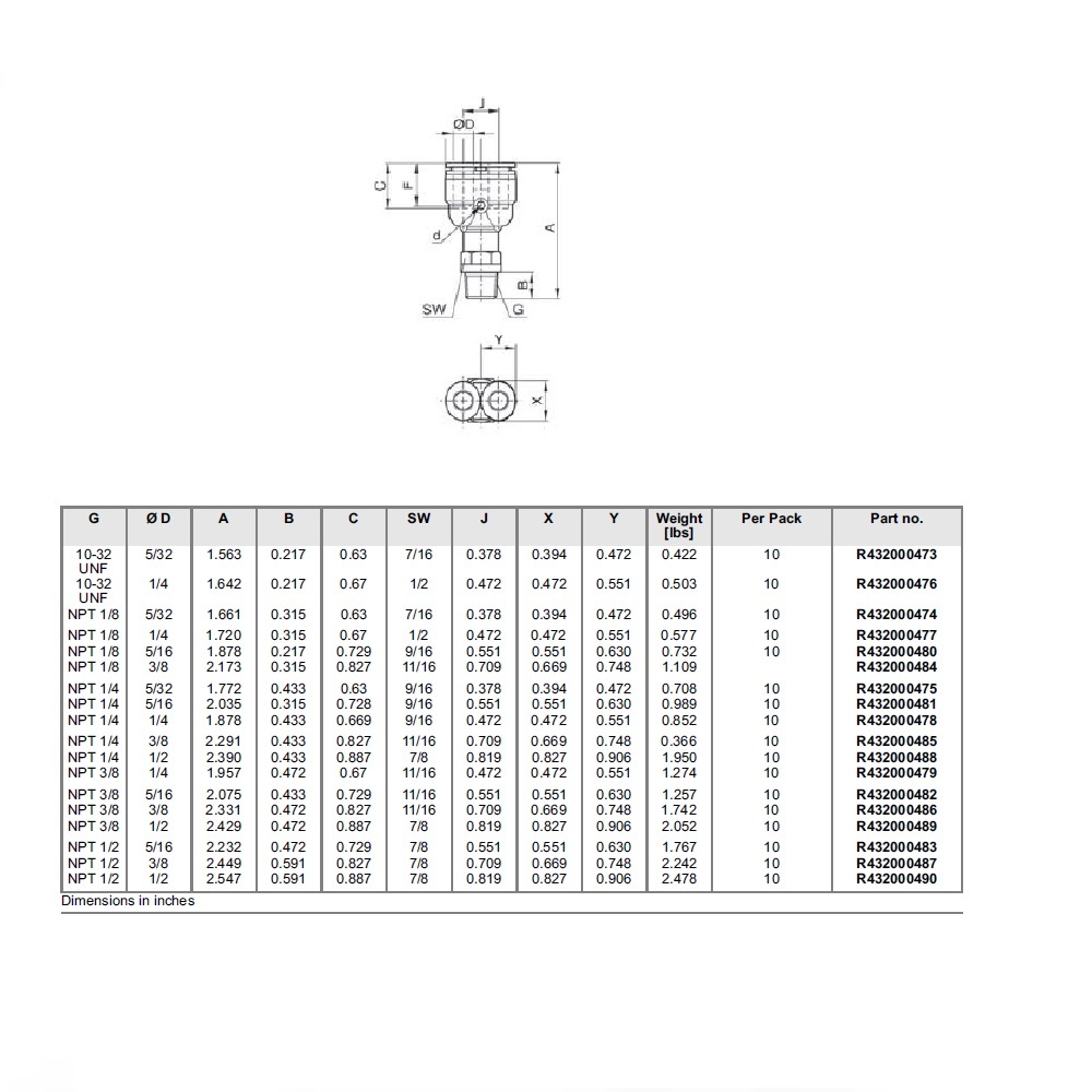 R432000488 NUMATICS/AVENTICS PLASTIC PUSH-IN FITTING<BR>1/2" TUBE X 1/4" NPT MALE BRANCH "Y" (OVAL)