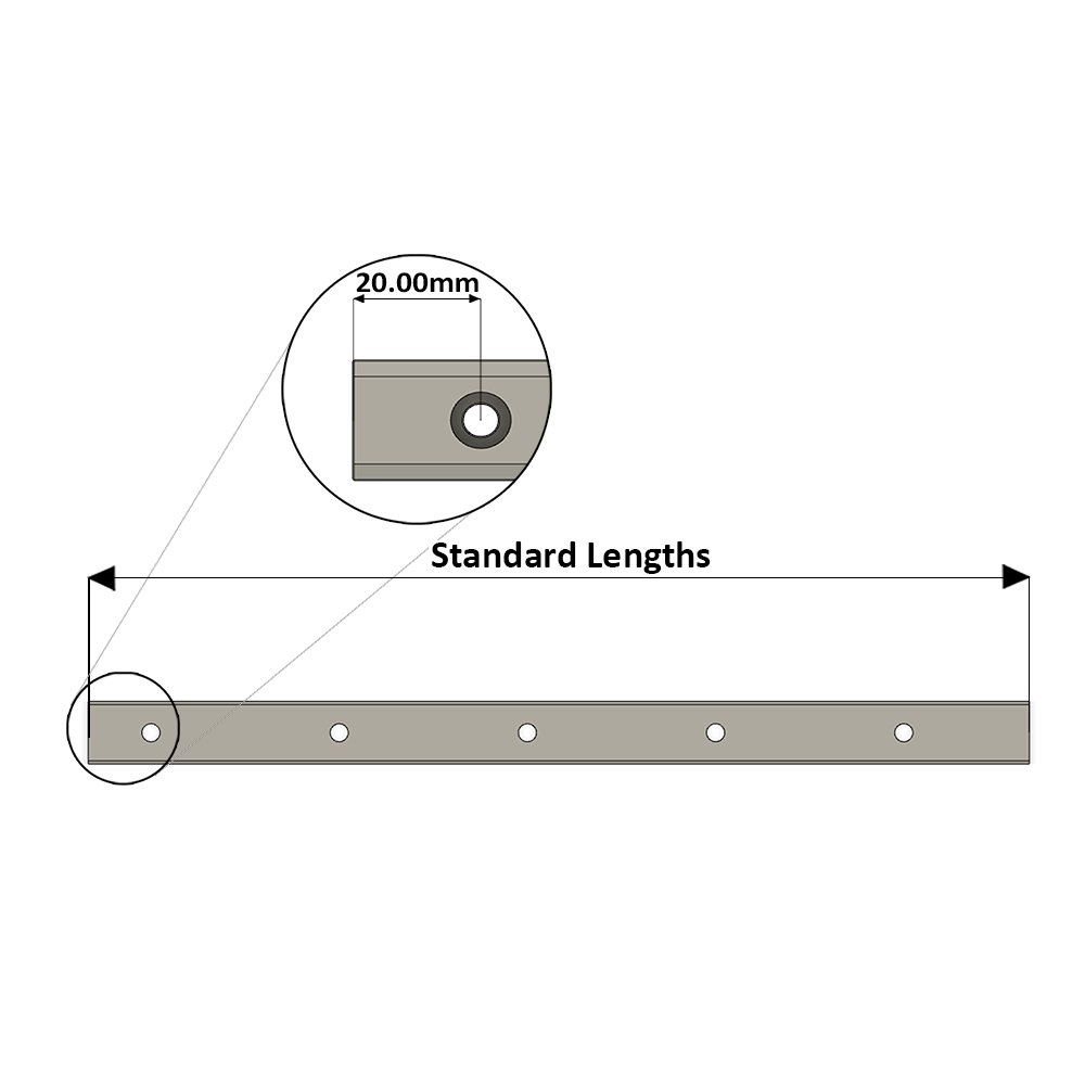 LSD20RLX460-S20-H-D AIRTAC LOW PROFILE RAIL<br>LSD 20MM SERIES, HIGH ACCURACY, 20MM END TO FIRST HOLE, CUT TO LENGTH OF 460MM