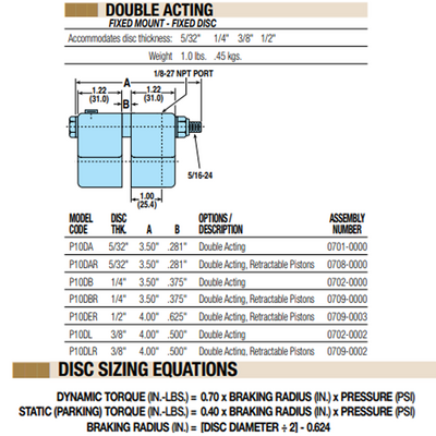 07090002 TOLOMATIC PNEUMATIC CALIPER BRAKE, DOUBLE ACTING, RETRACTABLE PISTONS, FIXED MOUNT - FIXED DISC, 3/8" THICK (P10DLR)