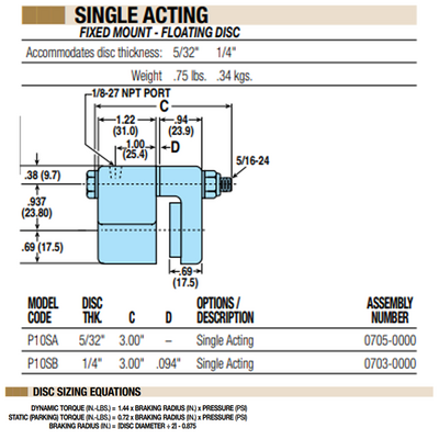 07050000 TOLOMATIC PNEUMATIC CALIPER BRAKE, SINGLE ACTING, FIXED MOUNT - FIXED DISC, 5/32" THICK (P10SA)