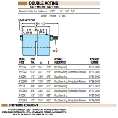 07250000 TOLOMATIC PNEUMATIC CALIPER BRAKE - DOUBLE ACTING, FIXED MOUNT - FIXED DISC, 1/2" THICK (P20DE)