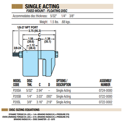 07240000 TOLOMATIC PNEUMATIC CALIPER BRAKE, SINGLE ACTING, FIXED MOUNT - FIXED DISC, 5/32" THICK (P20SA)