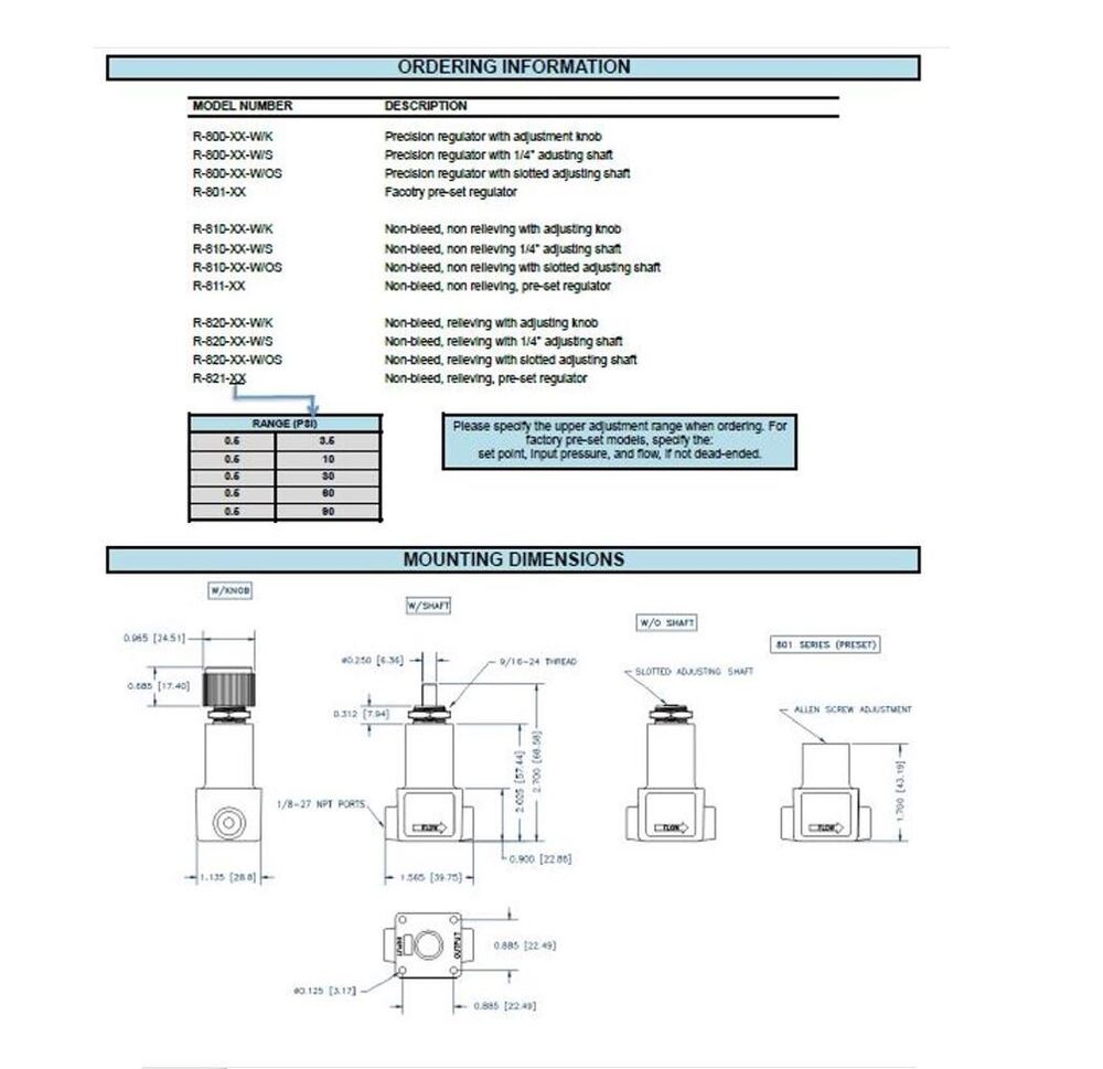 R-800-10-W/OS AIRTROL PRECISION REGULATOR<BR>1/8" NPTF .5-10 PSI W/FLUSH SHAFT