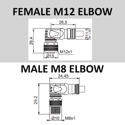 CBO12.3-5.22-CB8.3/P ELCO DOUBLE ENDED PATCH CABLE 3 PIN M12 X M8 F/M ELBOW 5M PUR BLACK 24 AWG