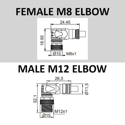 CBO8.3-5.22-CB12.3/P ELCO DOUBLE ENDED PATCH CABLE 3 PIN M8 X M12 F/M ELBOW 5M PUR BLACK 24 AWG