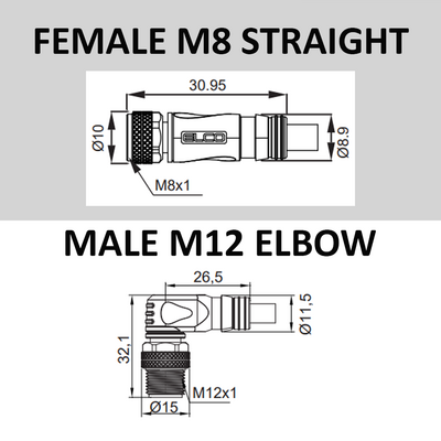 CO8.3-2.22-CB12.3/P ELCO DOUBLE ENDED PATCH CABLE 3 PIN M8 X M12 F/M STR/ELB 2M PUR BLACK 24 AWG