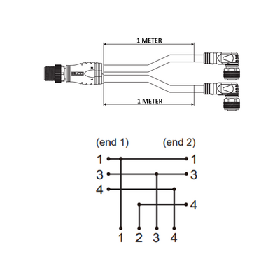 ECS-2CBO12.4-1.32/1.32/P ELCO Y-SPLITTER STRAIGHT M12 MALE 4 PINS X (2) ELBOW M12 FEMALE 4 PINS, 1 METER BLACK PUR, 22 AWG