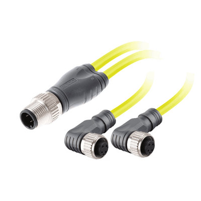 ECS-2CBO12.4-2.33/2.33/P ELCO Y-SPLITTER STRAIGHT M12 MALE 4 PINS X (2) ELBOW M12 FEMALE 4 PINS, 2 METER YELLOW PUR, 22 AWG