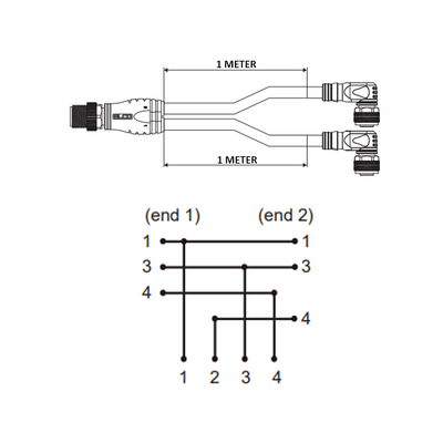 ECS-2CBO8.3-1.22/1.22/P ELCO Y-SPLITTER STRAIGHT M12 MALE 4 PINS X (2) ELBOW M8 FEMALE 3 PINS, 1 METER BLACK PUR, 24 AWG
