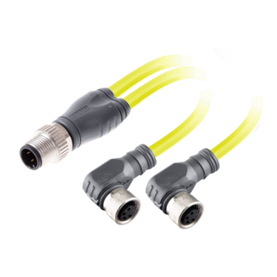 ECS-2CBO8.3-2.23/2.23/P ELCO Y-SPLITTER STRAIGHT M12 MALE 4 PINS X (2) ELBOW M8 FEMALE 3 PINS, 2 METER YELLOW PUR, 24 AWG