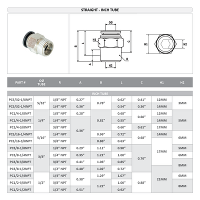 PC5/16-3/8NPT FLOFLEX FLOFLEX COMPOSITE PUSH-IN PNEUMATIC FITTING, 5/16" TUBE X 3/8" NPT MALE REDUCER