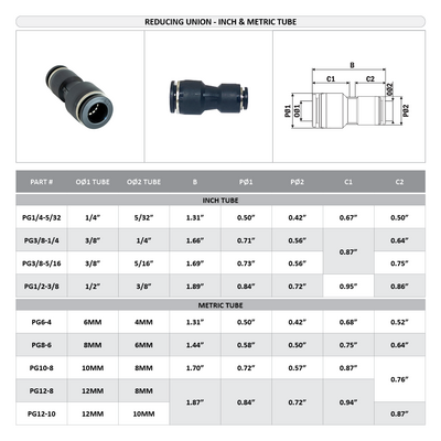 PG3/8-10 FLOFLEX FLOFLEX COMPOSITE PUSH-IN PNEUMATIC FITTING, 3/8" TUBE X 10MM TUBE REDUCING UNION