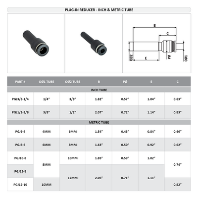 PGJ3/8-1/4 FLOFLEX FLOFLEX COMPOSITE PUSH-IN PNEUMATIC FITTING, 3/8" TUBE STEM X 1/4" TUBE PLUG-IN REDUCER