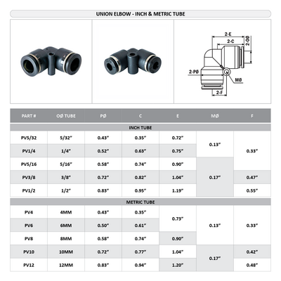 PV1/2 FLOFLEX FLOFLEX COMPOSITE PUSH-IN PNEUMATIC FITTING, 1/2" TUBE UNION 90 DEGREE ELBOW