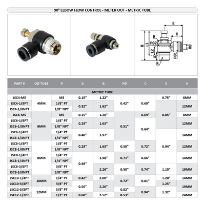 JSC5/32-M5 FLOFLEX FLOFLEX NPT X PUSH-IN FLOW CONTROL, 5/32" TUBE X M5 MALE REDUCER METER OUT - KNOB ADJUSTMENT