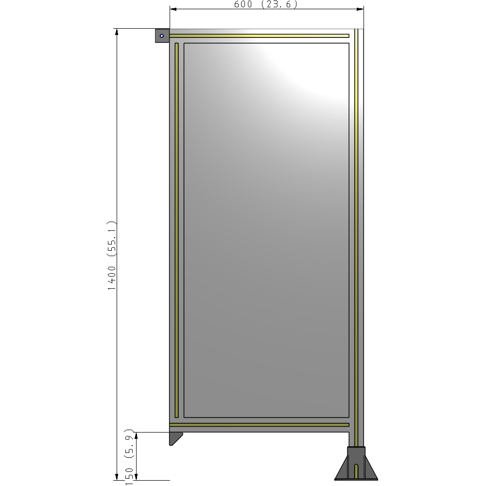 A2-1400-0600-0150-TYPFA SINGLE PANEL-LEG ON RIGHT WITH TIE PLATES AND ANGLE 1400MM X 600MM  1/4" POLYCARBONATE, ASSEMBLED