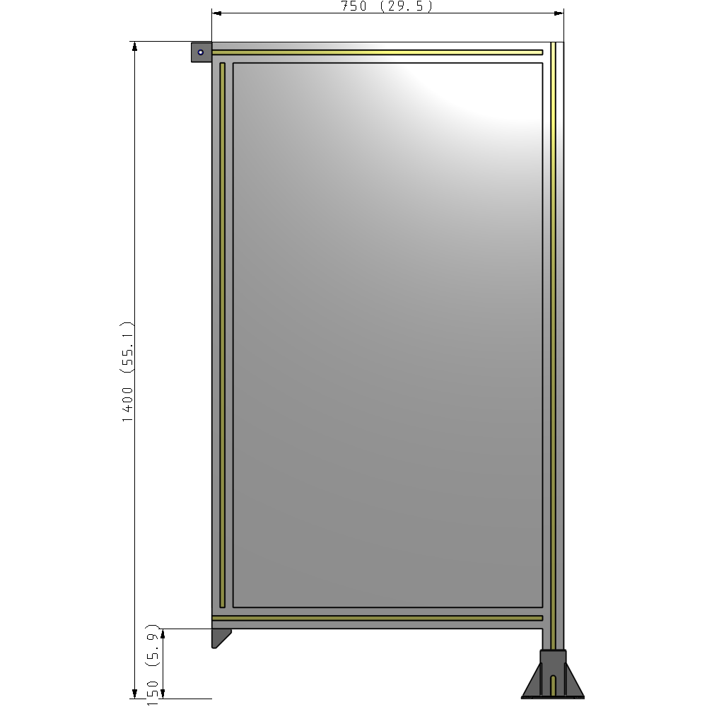 A2-1400-0750-0150-TYPFA SINGLE PANEL-LEG ON RIGHT WITH TIE PLATES AND ANGLE 1400MM X 750MM 1/4" POLYCARBONATE, ASSEMBLED