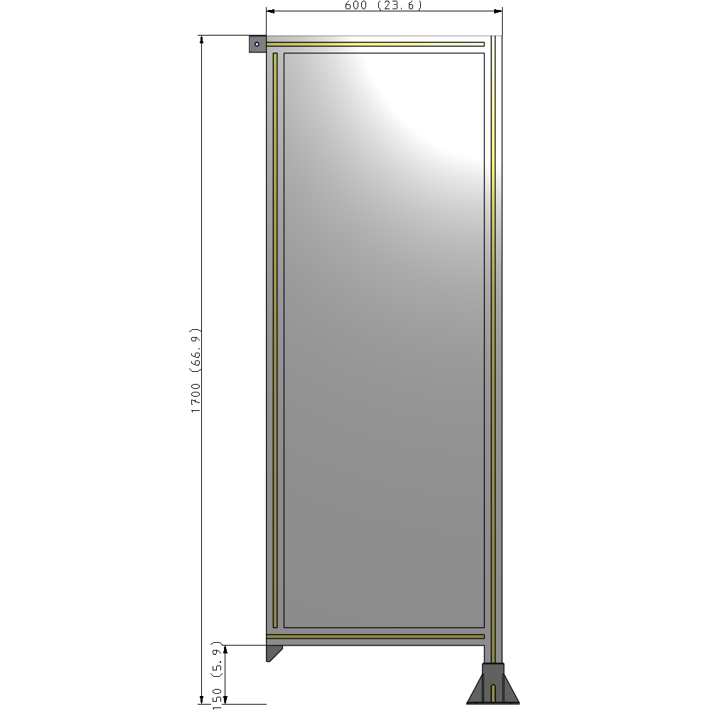 A2-1700-0600-0150-TYPFA SINGLE PANEL-LEG ON RIGHT WITH TIE PLATES AND ANGLE 1700MM X 600MM 1/4" POLYCARBONATE, ASSEMBLED
