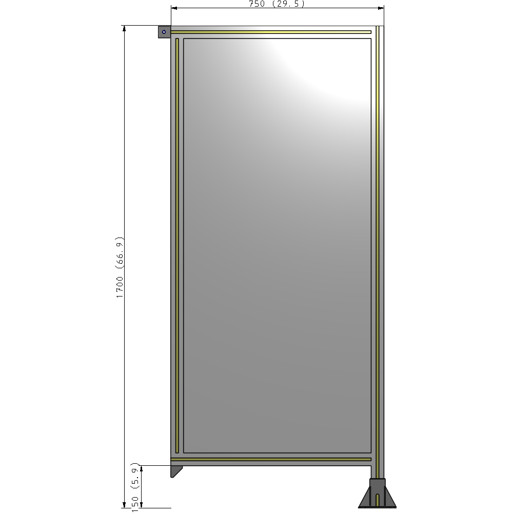 A2-1700-0750-0150-TYPFA SINGLE PANEL-LEG ON RIGHT WITH TIE PLATES AND ANGLE 1700MM X 750MM 1/4" POLYCARBONATE, ASSEMBLED
