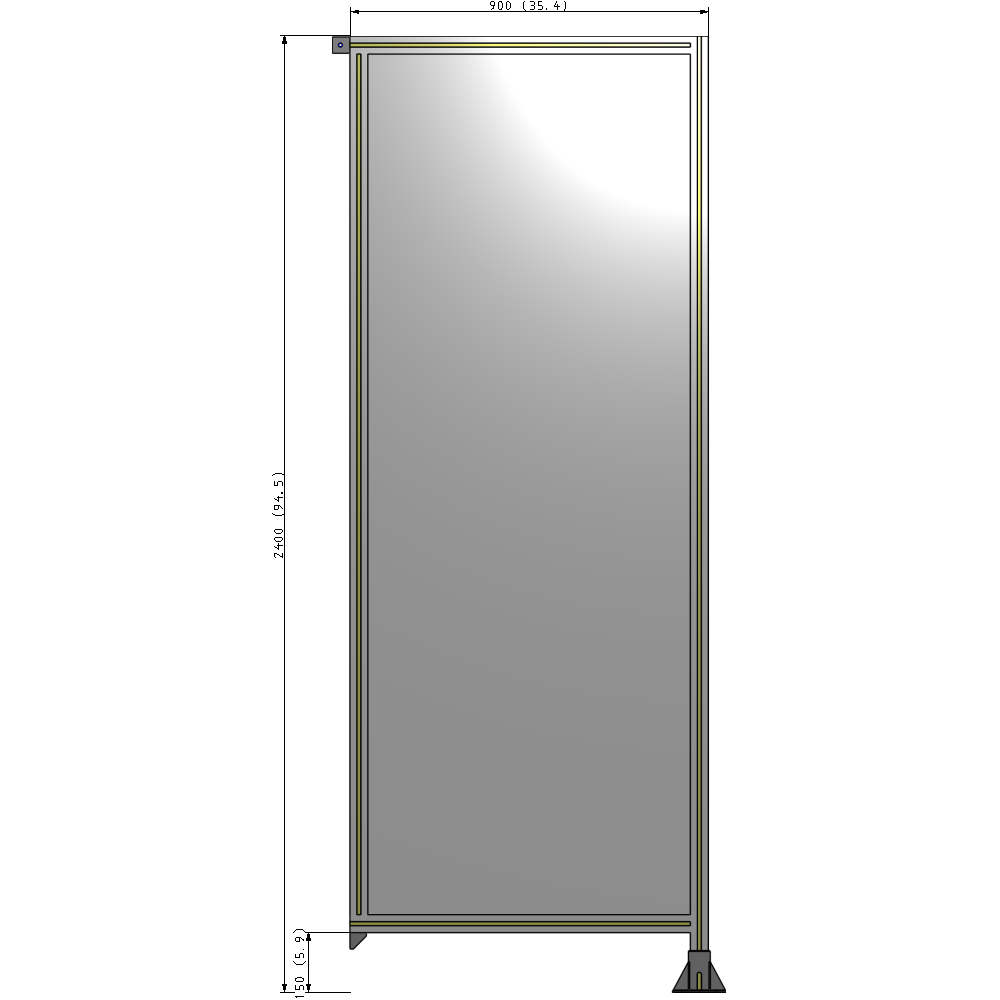 A2-2400-0900-0150-TYPFA SINGLE PANEL-LEG ON RIGHT WITH TIE PLATES AND ANGLE 2400MM X 900MM 1/4" POLYCARBONATE, ASSEMBLED