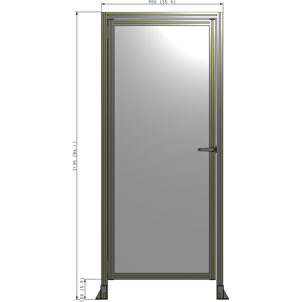 G1-2135-0900-0150-EYPTA DOOR WITH HEADER, HANDLE WITH INTERNAL EGRESS ON RIGHT 2135MM X 900MM 1/4" POLYCARBONATE, ASSEMBLED
