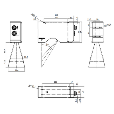 LVM2440 ELCO 3D SENSOR LVM24 SERIES, INT CPU, UP TO 8 SENSORS W/ C800, RANGE 60.7 - 103.2MM, FOV 51.4 - 69.4MM, ENC TRIG/2DO/RS485, PROFINET/ModbusTCP