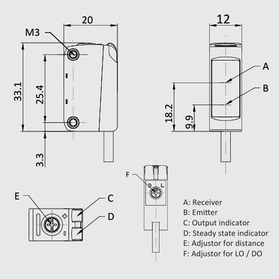 OS10S-AK1000CP6 ELCO PHOTOELECT SENSOR, OS10S-SERIES, DIFF W/ BGS, INFARED+RED IND, OR:50-1000MM, TEACH, PNP, LO/DO, -20TO60 DEG C, SW FRQ:30HZ, CABLE 2M