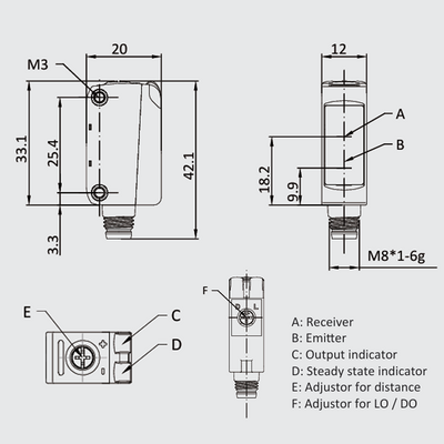 OS10S-AK1000CP6Q8.3 ELCO PHOTOELECT SENSOR, OS10S-SERIES, DIFF W/ BGS, INFARED+RED IND, OR:50-1000MM, TEACH, PNP, LO/DO, -20TO60 DEG C, SW FRQ:30HZ, M8 3-PIN