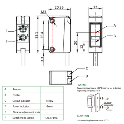 OS10S-RPCP6/ND ELCO POLARIZED RETRO-REFLECTIVE SENSOR OS10S-SERIES, RED BEAM, OR:2M, PNP, LO/DO, 10 TO 30VDC, -20 TO 60 DEG C, SW FRQ:800HZ, IP67, CABLE 2 M