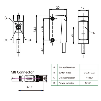 OS10S-S6-0.3-Q8 ELCO PHOTOELECT SENSOR, OS10S-SERIES, OPPOSED, EMITTER, RED BEAM, OR:10 M, 10TO30VDC, -20TO60 DEG C, 0.3 M+M8 4-PIN