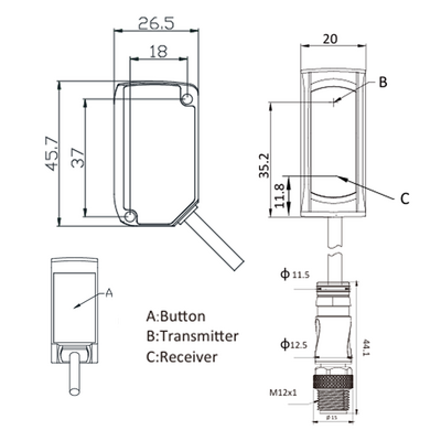 OSM41-KL100C2B6 ELCO DISTANCE SENSOR(TRI), OSM41-SERIES, RED LASER, OR:100MM+/-35MM, RES: 0.01MM, 2 X PUSH-PULL, 10-30VDC,  2M CABLE