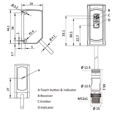 OSM42-K2500C2B6 ELCO DISTANCE SENSOR(TOF), OSM42-SERIES, INFARED LASER + LASER INDICATION, OR:50-2500MM, RES: 5MM, 2 X PUSH-PULL, TEACH BUTTON, 10-30VDC,  2 M CABLE
