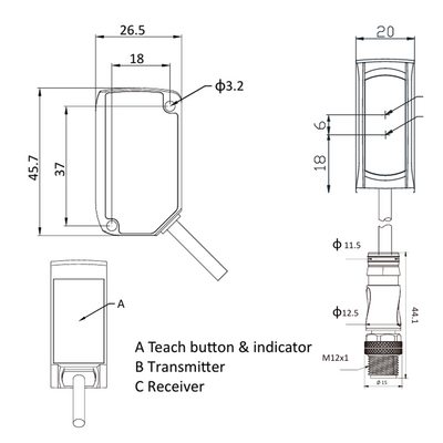 OSM42-KL2000C2B6 ELCO DISTANCE SENSOR(TRI), OSM42-SERIES, RED LASER, OR:150-2000MM, RES: 1MM, 2 X PUSH-PULL, TEACH BUTTON, 10-30VDC,  2 M CABLE
