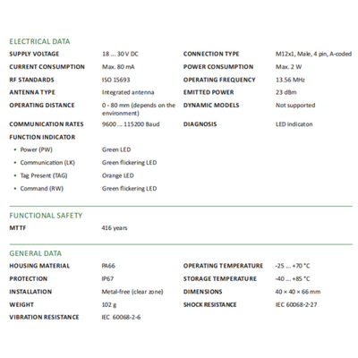 RF30-WR-C40H ELCO RFID RF30-SERIES, 13.56MHZ, ISO15693, RS-485, MODBUS RTU, 40X40X66MM, PA66,-25 TO 70 DEG C, M12X1-MALE, OP DIST 0-80MM