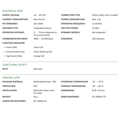 RF30-WR-M30H ELCO RFID RF30-SERIES, 13.56MHZ, ISO15693, RS-485, MODBUS RTU, 30X46MM, NICKEL-PLATED BRASS+PBT,-25 TO 70 DEG C, M12X1-MALE, FLUSH, OP DIST 0-70MM