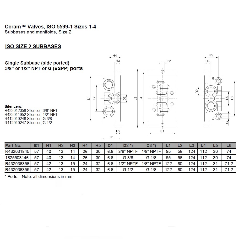 R432036355 NUMATICS/AVENTICS VALVE BASE<BR>ISO2 5599/1 SERIES 1/2" G SIDE PORTS