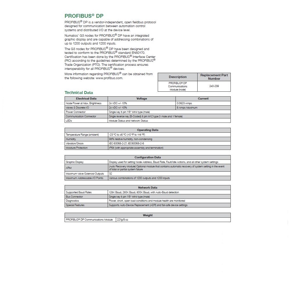 240-239 NUMATICS/AVENTICS MANIFOLD PART<BR>G3 PROFIBUS-DP NODE