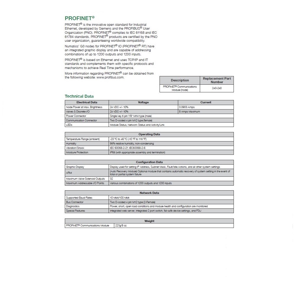 240-240 NUMATICS/AVENTICS MANIFOLD PART<BR>G3 PROFINET NODE