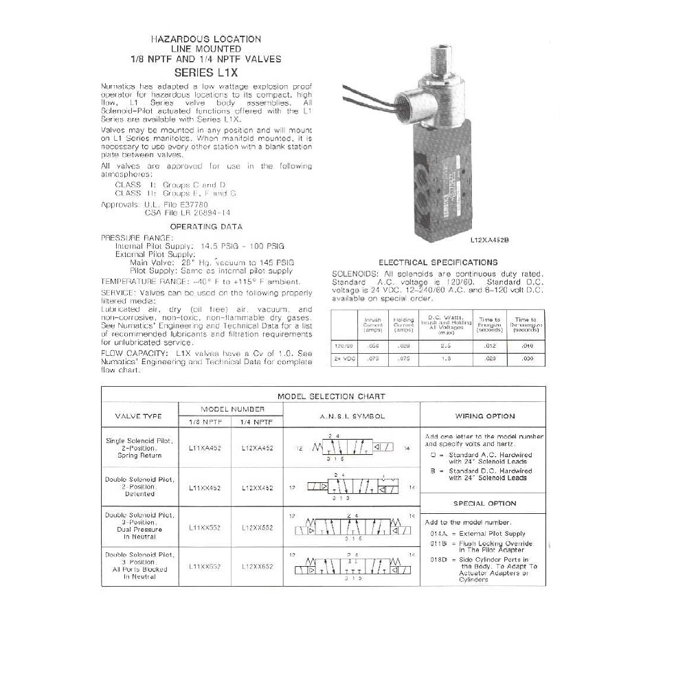 L12XA452OP00030 NUMATICS/AVENTICS SOL-PILOT HAZARDOUS VALVE<BR>L1 SERIES 4/2 SPR RTN 120VAC, HW, 1/4" NPT