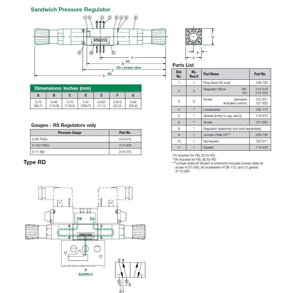 031RD741O000000 NUMATICS/AVENTICS SANDWICH REGULATOR/BASE<BR>MK3 SERIES DUAL PR 0-100PSI 1/8" NPT, HW