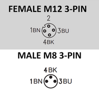 CBO12.3-5.22-CB8.3/P ELCO DOUBLE ENDED PATCH CABLE 3 PIN M12 X M8 F/M ELBOW 5M PUR BLACK 24 AWG